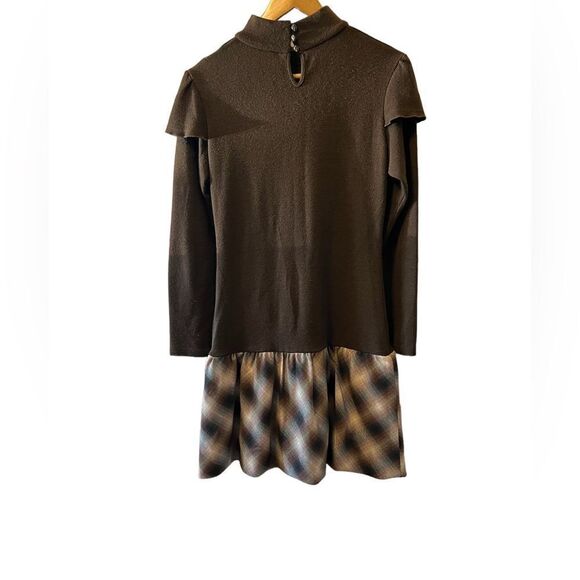 VINTAGE Wool Blend Brown Knit Drop Waist Plaid Skirt Long Sleeve Dress 48 - Picture 8 of 10